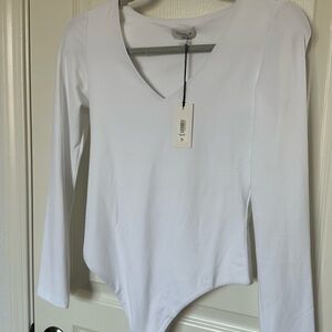 Aritzia White Asymmetrical Long Sleeve Bodysuit